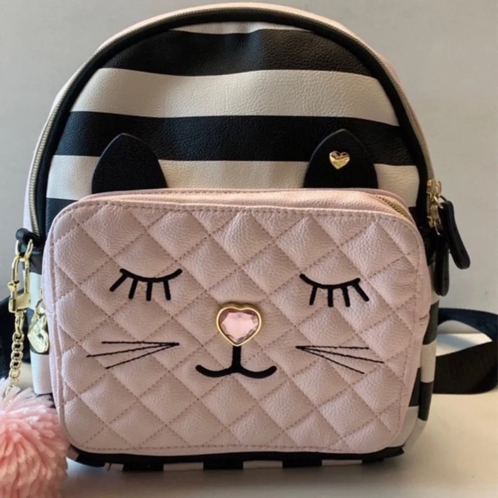 Betsey Johnson pink with black and white striped kitty backpack